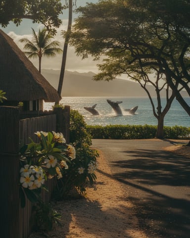 Thatched-roof cottage with white flowers overlooking ocean bay with whales breaching, palm and shade trees