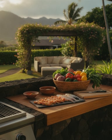Outdoor kitchen counter with fresh vegetables and grilled skewers, flowering pergola and seating area beyond, mountain view