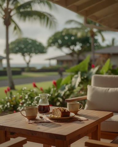 Covered patio with wooden table set for coffee and cake, overlooking tropical garden with palm trees and red flowers
