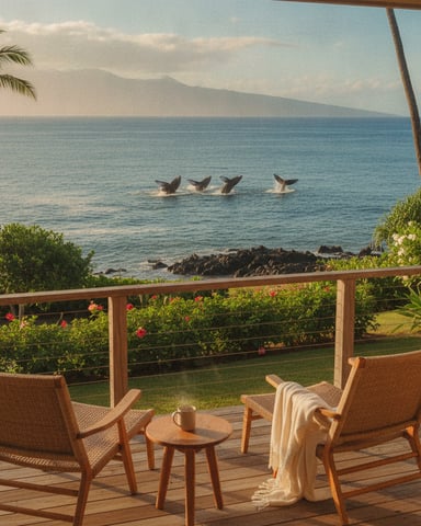 Oceanfront deck with two wicker chairs, whales breaching in the distance, palm trees, and mountain view across the water