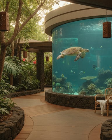 Tropical garden viewing area with large curved aquarium window displaying sea turtle and coral reef, wooden chair, and hanging lanterns.