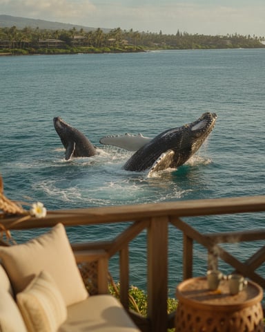 Two humpback whales breaching in turquoise ocean water, viewed from a wooden deck with cushioned seating and tropical coastline in background.