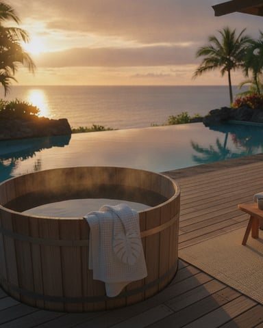 Wooden hot tub on deck overlooking infinity pool and ocean at sunset with palm trees