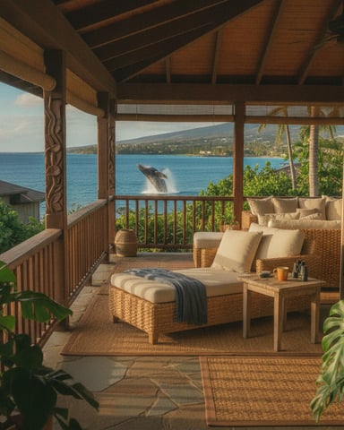 Covered oceanfront lanai with wicker seating, whale breaching in blue water, palm trees and mountain view
