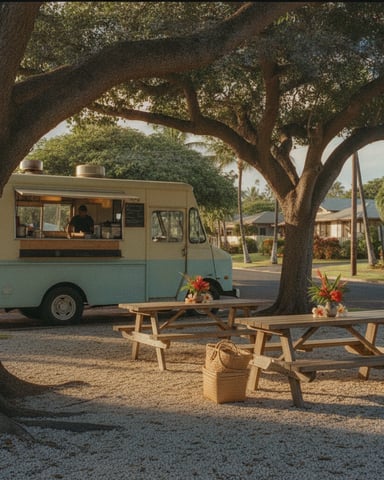 Food truck with cream and turquoise exterior under large oak tree, wooden picnic tables with flower arrangements in foreground, residential street and palm