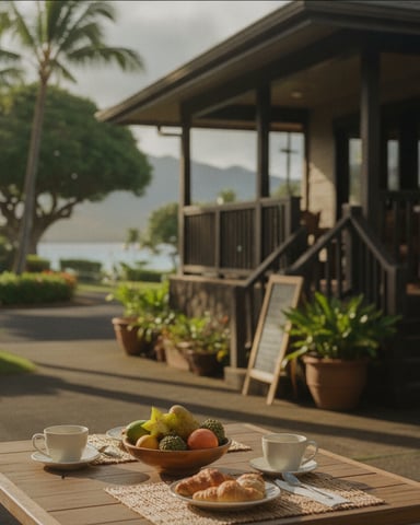 Outdoor table with coffee cups, fresh fruit bowl, and pastries overlooking a modern house with ocean view and palm trees.