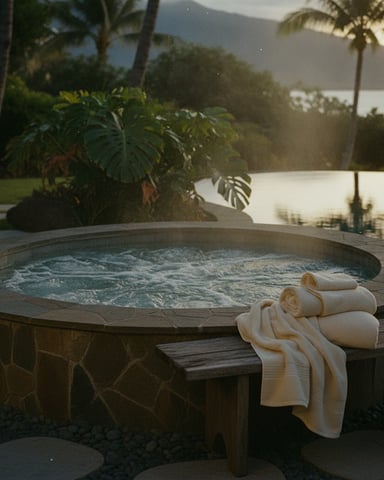 Hot tub with rolled towels on wooden deck, tropical plants and mountain lake view beyond