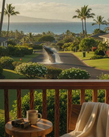 Whale breaching in driveway viewed from deck with ocean, palm trees, and tropical homes beyond