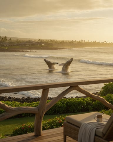 Whale tail breaching in ocean waves viewed from beachfront deck with wooden railing and lounge chair