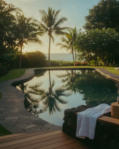 Curved infinity pool with palm trees and ocean view, tropical garden with loungers and towel on deck