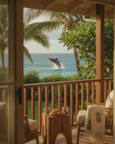 Oceanfront balcony with whale breaching in distance, palm trees, and wicker seating