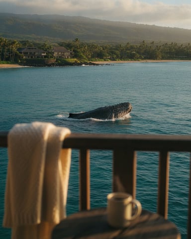 Whale breaching in turquoise ocean with beachfront homes, palm trees, and forested mountains beyond, viewed from a deck railing.