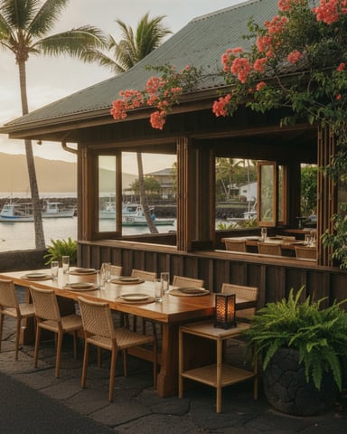 Waterfront dining patio with wooden table, woven chairs, red flowering vines, and harbor view with moored boats