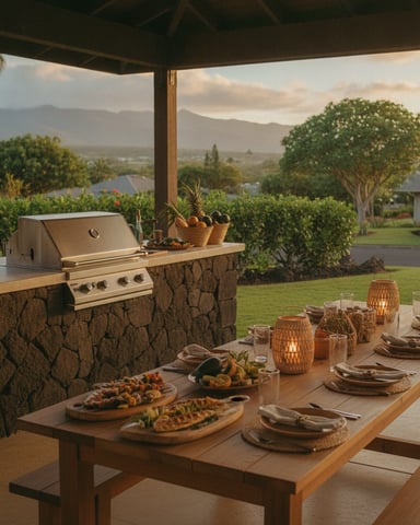 Covered patio with outdoor kitchen, dining table set for meal, mountain and valley views beyond