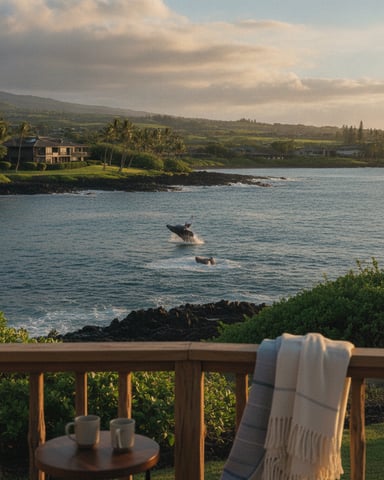 Whales breaching in ocean viewed from wooden deck with blanket, coastal home and mountains beyond