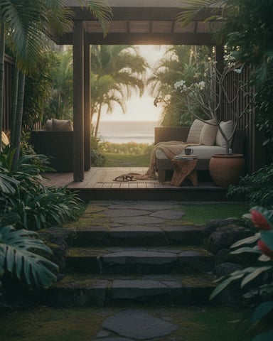 Covered patio with upholstered seating, potted plants, and ocean view through palm trees