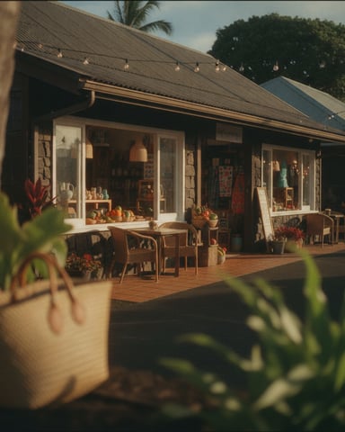 Modern cottage with dark metal roof, wooden deck, string lights, and retail storefronts with potted plants and tropical vegetation.