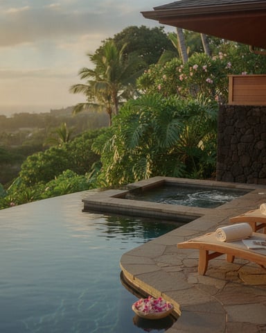 Infinity pool and hot tub on stone terrace with wooden loungers, tropical garden, and valley view at sunset
