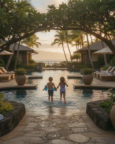 Two children wading in tropical resort pool framed by palm trees, with ocean view and beachfront bungalows