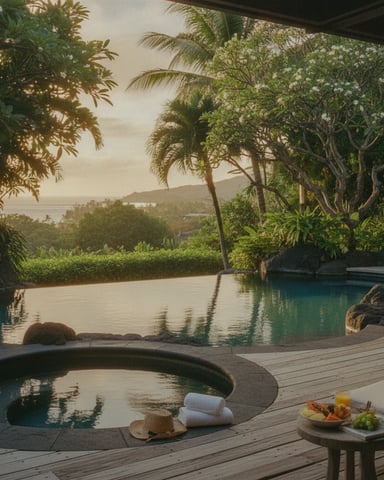 Tropical infinity pool overlooking ocean and mountains, with palm trees, wooden deck, and refreshments nearby