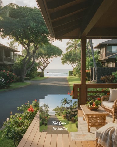 Covered patio with wicker seating overlooking beachfront homes, palm trees, and ocean view
