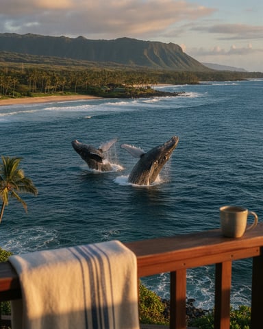 Two whales breaching in ocean with dramatic cliffside, palm trees, and sandy beach visible from wooden deck railing.
