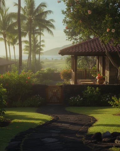 Tropical garden with gazebo, palm trees, flowering vines, and mountain valley view beyond