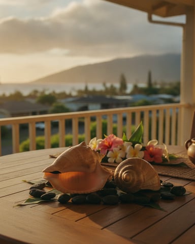 Wooden deck with seashells and flowers overlooking mountains and water at sunset