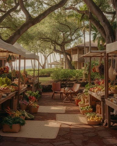 Tropical garden courtyard with wooden pergolas, produce displays, seating area, and large spreading trees overhead