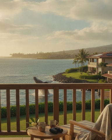 Oceanfront deck with wooden railing overlooking tropical coastline, palm trees, and distant hillside with residential homes