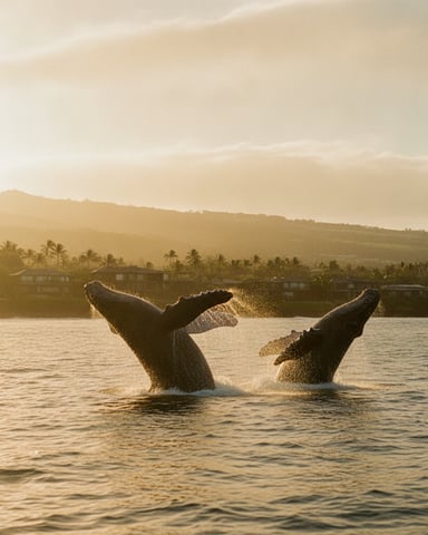 Two humpback whales breaching in ocean with coastal homes and palm trees in background at sunset