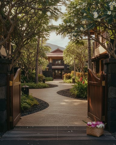 Tropical resort courtyard with wooden gates, palm trees, flowering plants, and main building with red roof visible ahead