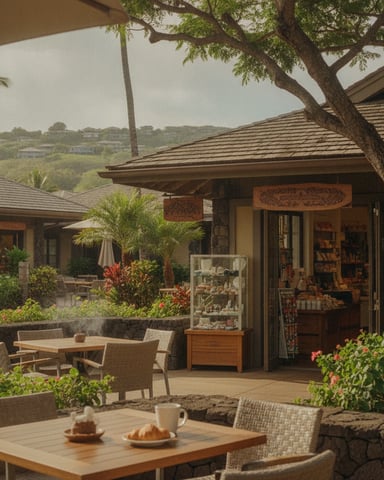 Tropical resort courtyard with wooden tables, woven chairs, flowering plants, and retail shop with wooden signage beneath large shade tree.