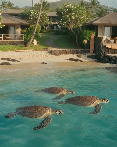 Sea turtles swimming in turquoise water in front of beachfront bungalows with palm trees and mountains.