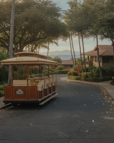 Resort trolley on curved driveway with palm trees, tropical gardens, ocean view, and wooden buildings in background