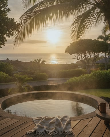 Circular soaking tub on wooden deck overlooking tropical garden and ocean at sunset
