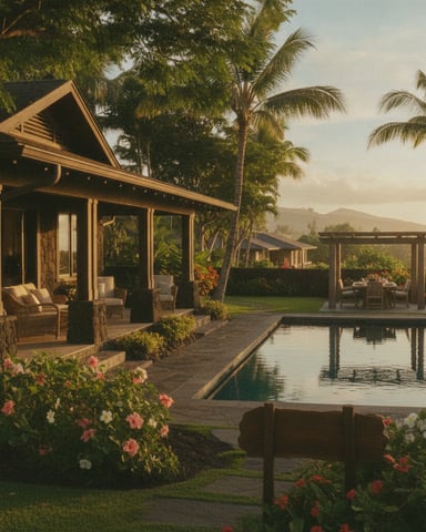 Modern tropical home with pool, palm trees, flowering gardens, and mountain lake views at sunset