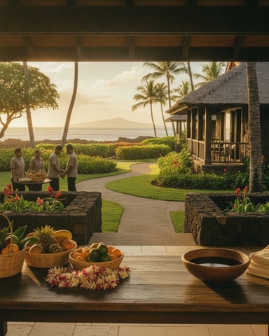 Tropical resort grounds with thatched-roof bungalow, palm trees, ocean view, and fruit baskets on wooden table in foreground