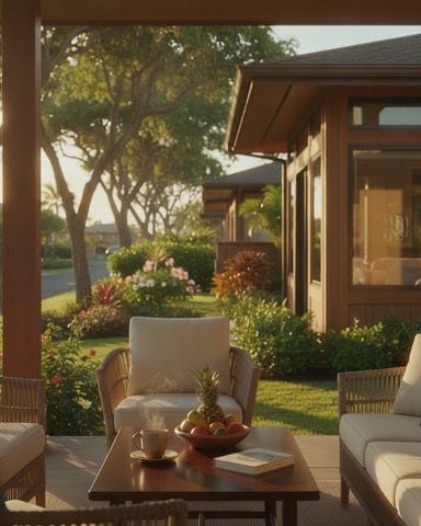Covered patio with wicker seating, coffee table with fruit bowl, overlooking manicured garden and modern home exterior