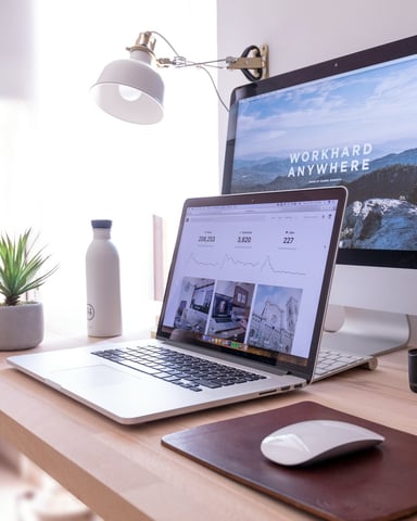 Minimalist home office desk with laptop, desktop monitor, desk lamp, potted plant, water bottle, and mouse pad