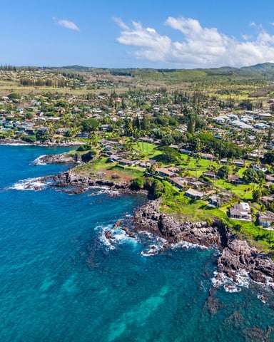 Aerial view of coastal town with turquoise ocean, rocky shoreline, residential homes, lush green hillside, and mountains in distance