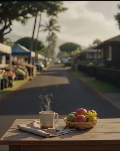 Steaming mug and basket of fresh fruit on wooden table overlooking tree-lined residential street with palm trees