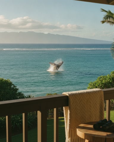 Whale breaching in ocean viewed from beachfront deck with palm trees and mountains in distance