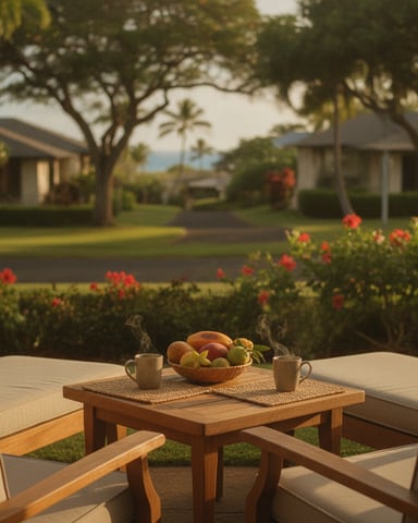 Outdoor patio with wooden table, fruit bowl, and cushioned chairs overlooking tropical gardens and residential homes