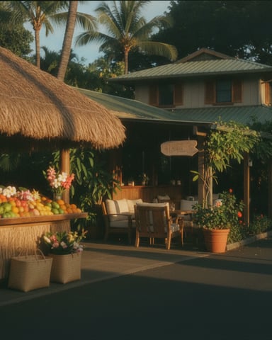 Tropical resort entrance with thatched-roof structures, fruit display, seating area, potted plants, and palm trees.