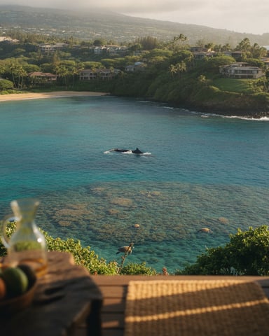 Turquoise cove with sandy beach, palm trees, and hillside homes viewed from a lanai with whale in water