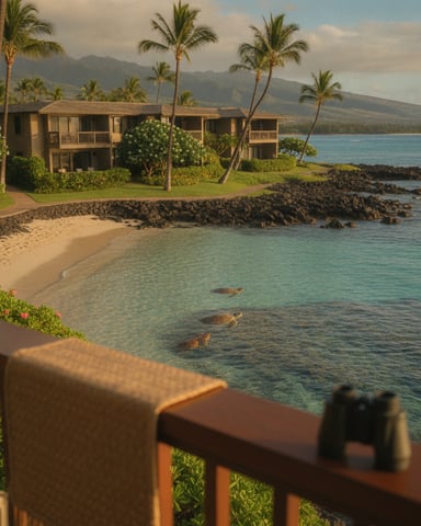 Beachfront vacation home with palm trees, sandy beach, turquoise water, and volcanic mountain in background