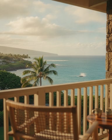 Oceanfront balcony with wooden railing overlooking turquoise water, palm tree, and coastal cliffs