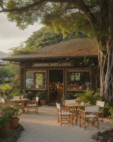Honolokwai Shops & Coffee storefront with outdoor seating under large tree, potted plants, and mountain backdrop