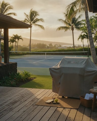 Covered deck with grill overlooking tennis court, palm trees, and distant mountains